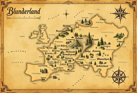 Elegant map of a vast mysterious fantasy world named Blunderland with an old, vintage feel. Blending minimalist design and beautiful map ornaments, decorative elements, aged parchment texture, delicate borders. Elegant calligraphy for labels, classic cartography style. Funny names like Sillywald, Muddlegrump, Bamboozleburg, Schnitzelstadt. Smooth coastlines, rivers, hills, mountains and forests. Small towns, castles, and ports marked with elegant icons. Intricate compass rose, subtle grid lines. Muted colors, sepia tones, and faded ink for an ancient, timeworn appearance. Map exudes an air of history and elegance, like an artifact from a forgotten era.