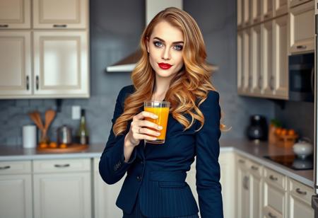 ArtfulNSFW, The image is a portrait of a woman with long wavy golden hair. Wearing a dark blue business suit a vertically pencil striped pencil skirt, Standing in an expensive kitchen, The woman is looking directly at the camera with a playful expression on her face. holding a glass of orange juice, Her hair is styled in loose waves and falls over her shoulder. The background is sharp making the woman the focal point of the image. The lighting is soft and natural highlighting her features., 1girl, solo, ruby red lips, golden hair, looking at viewer, deep blue eyes, full body portrait,