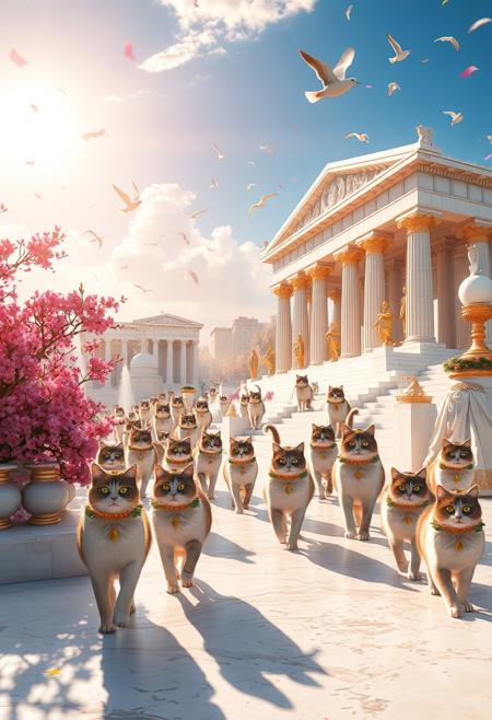 A glorious city in Ancient Greece populated entirely by majestic cats. Wide cinematic shot of a luxurious white marble acropolis, towering columns, golden statues of cat gods, and ornate temples inspired by the Parthenon. Dozens of beautiful cats with glowing eyes walk proudly in flowing white and gold togas, adorned with olive wreath crowns and golden jewelry. The sky is blue with radiant sunlight, pink and purple flowering trees sway in the breeze, and colorful confetti floats in the air. Fountains spray rose-scented mist, while cats lounge on steps, leap across rooftops, and bask in the divine atmosphere. Marble roads reflect soft light, birds soar overhead, and everything sparkles with mythical elegance. 4K photorealistic detail, shallow depth of field, cinematic lens flare.