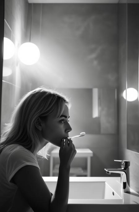 A photorealistic image of sbrn crpntr woman, during her morning routine, brushing her teeth in a well-lit bathroom with soft ambient lighting, reflected in a foggy mirror, rendered in monochrome, with a serene and calm emotion, in a modern art style, cinematic, analog film grain, bokeh