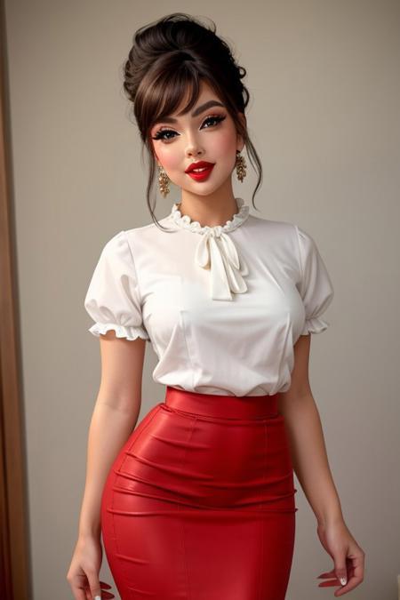 Best quality,a beautiful pinup-girl posing for photo shot, 1960s fashion, updo hair, pencil skirt, frilled blouse, thin waist, masterpiece, makeup, long eyelashes,thick lips, lips apart,