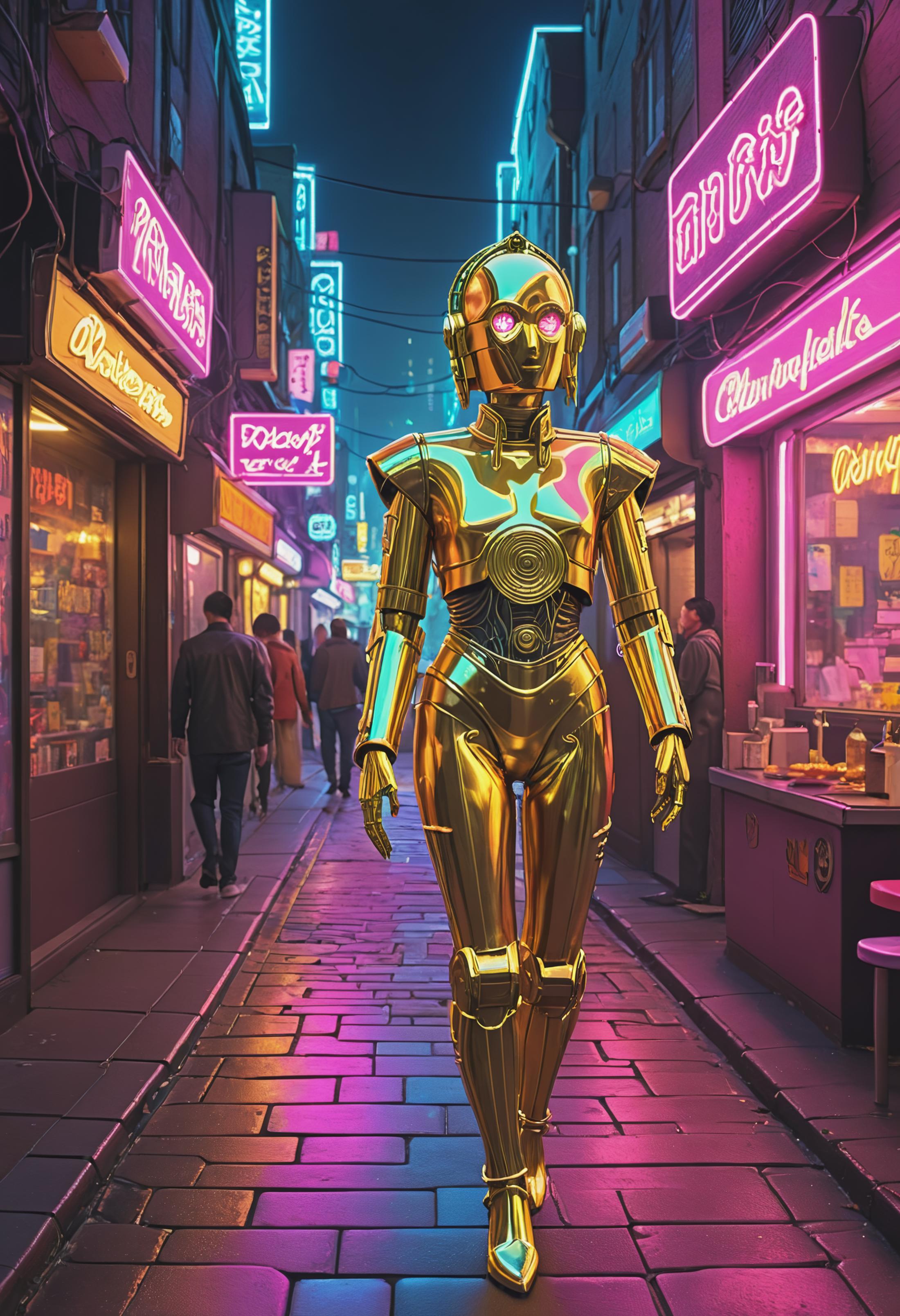 A Robot Woman Strolls Down a Pink City Street