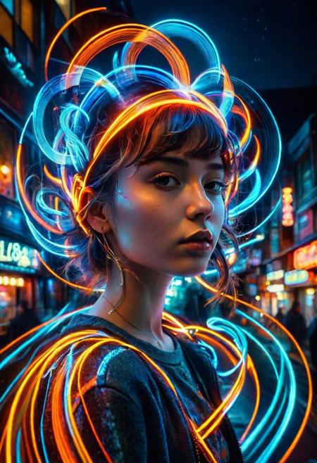 ral-exposure, 1girl, in the style of double exposure, neon art nouveau, long exposure, wimmelbilder, layered lines, neonpunk, chiaroscuro, best quality, masterpiece, highres, absurdres, incredibly absurdres, huge filesize, wallpaper, colorful,8K,RAW photo <lora:ral-exposure-sdxl:1>