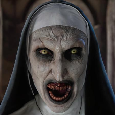 (best quality:1.2), (detailed:1.2), valak, open mouth, looking looking at viewer, half body portrait, high detail skin, detailed face, detailed facial features, detailed eyes, eye reflection, 8k, uhd, hdr, absurdres, volumetric lighting, sharp focus, looking looking at viewer, church in the background, <lora:valak:1>