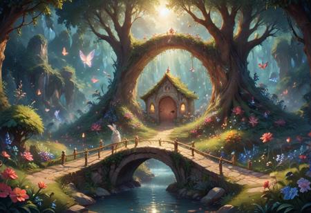 (Isekai anime style.Anime coloring.(0.9))In a whimsical world, a beautiful fairy garden blooms with vibrant flowers and sparkling fountains. A delicate, crystal bridge spans a gentle stream, leading to a majestic tree with leaves that shimmer like diamonds. A friendly, fluffy rabbit hops along the winding path, surrounded by fluttering butterflies and sweet, singing birds. The garden is filled with hidden treasures, like a tiny, glowing fairy door and a secret, shimmering cave. A soft, fluffy cloud drifts lazily across the sky, casting a warm, gentle shadow over the garden. The air is filled with the sweet scent of blooming flowers and the soft, soothing sound of gentle chimes. It's a peaceful, magical place where dreams come alive and wonder waits around every corner.master_class,master_piece,up_8,up_9,perfect beautiful,perfect beautiful early morning light.