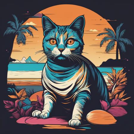 Illustrated T-shirt, Whimsical Cat Character, Sunset Beach Landscape, Tropical Color Palette, Fabric Texture, Bold Lineart, Dynamic Perspective 
, TshirtDesignAF<lora:TshirtDesignAF:1>