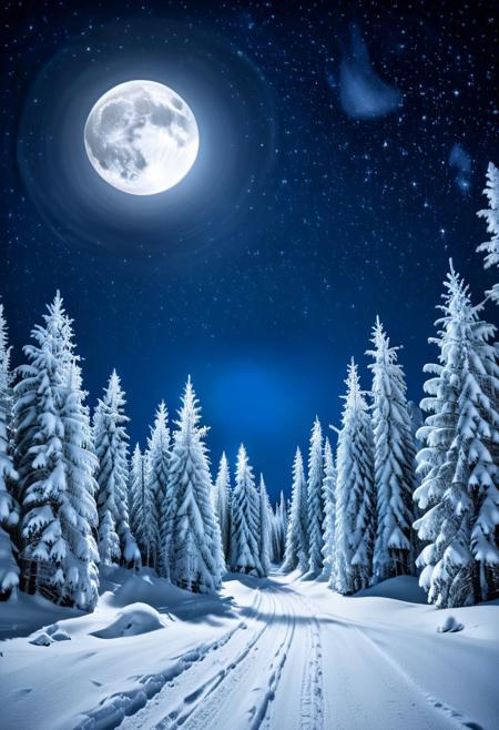 Majestic taiga covered with pristine snow, serene night landscape, countless bright stars twinkling in the clear sky, glowing full moon casting gentle light on the trees, atmospheric depth and tranquility