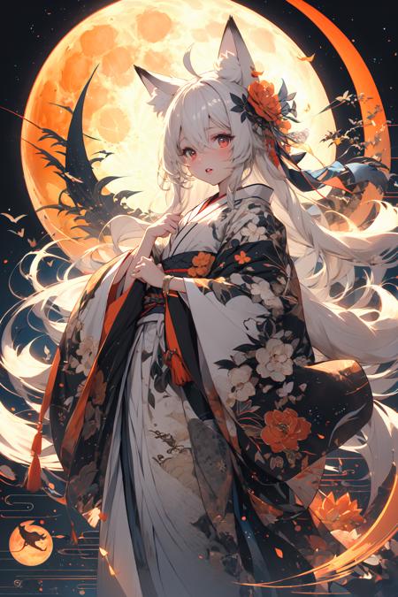 (masterpiece:1.2), best quality,PIXIV,  
1girl, solo, long hair, moon, japanese clothes, kimono, white hair, ahoge, looking at viewer, animal ears, red eyes, long sleeves, bangs, full moon, wide sleeves, floral print, hair ornament, tassel, hair between eyes, flower, standing, parted lips, fox ears, animal ear fluff, white kimono, hair flower, print kimono, very long hair, hand fan, white flower, feet out of frame
 <lora:As the moon_20230809104912-000018:1>