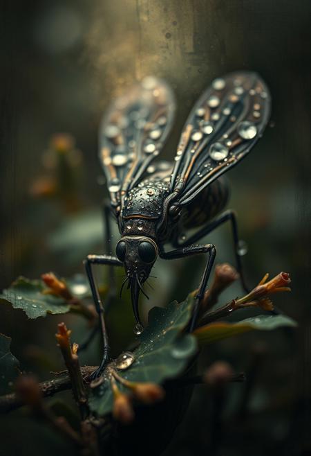An extreme close-up reveals the delicate anatomy of a dew-speckled insect. It rests motionless on foliage, enveloped in a halo of soft-focus woodland light and morning tranquility., abstract surrealism, organic forms, distorted landscapes, dark and moody tones, expressive textures, intricate patterns, eerie atmosphere, rich earthy colors, dynamic brushstrokes, fragmented structures, evocative symbolism, haunting imagery, post-war art style, nature-inspired abstraction, emotional intensity.