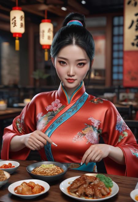 Bao from China, medium (chin-length:1.2) ponytail [black:.3] hair, 3D render table full of delicious dishes, woman in intricate clothing
<lora:3DNextGen_JRPG_KMMO_Dim32:1>