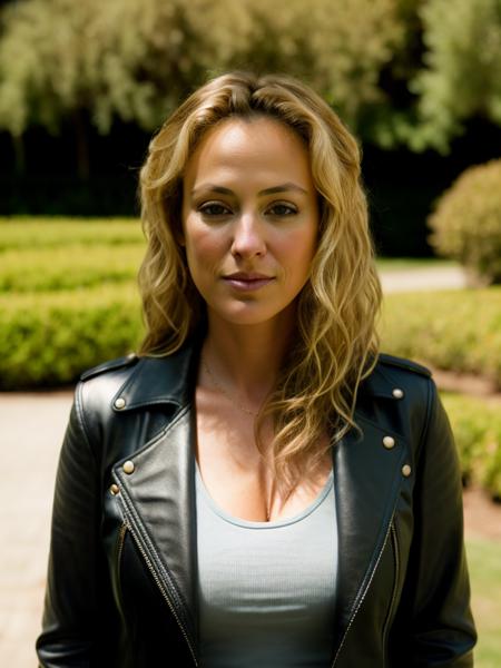 Realistic photo of a beautiful v1rg1n14m woman,1girl, solo, long hair, looking at viewer, blonde hair, jacket, flower, blurry, lips, black jacket, crossed arms, denim, realistic, leather, leather jacket, soft lighting, professional Photography, Photorealistic, detailed, RAW, analog, sharp focus, 8k, HD, DSLR, high quality, Fujifilm XT3, film grain, award winning, masterpiece<lora:v1rg1n14m:1.0>