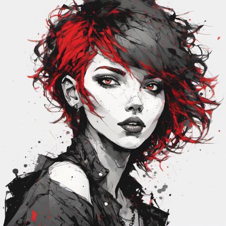 inkpunk style illustration of a beautiful woman with (black|red) short hair hair <lora:IPXL_v1:0.5>