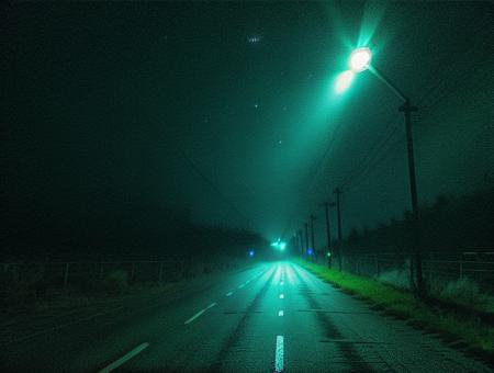 deathia, blurry, empty road, eerie shimmering surroundings, smartphone photo, howling at the moon, the scary empty liminal spaces, light above, (lowkey, flashlight, dimmed, night:1.4),  <lora:deathia_yiu_v10:0.7>