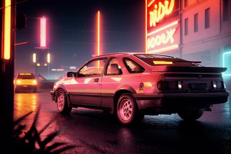 analog gloomy photo of a red Ford Sierra car, <lora:s13rr4:1>, racing down a neon highway at night, outrun, synthwave, retrowave, purple sky, pink and cyan lights, palm trees, flamingos, ((cyberpunk)), High Detail, Sharp focus, ((photorealism)), realistic, best quality, 8k, award winning, dramatic lighting, epic, cinematic, masterpiece