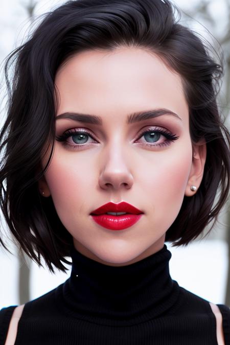 photo of a woman, scarjo:0.99,((beautiful black hair, short hair):1.2) ((turtleneck sweater):1.2), (smug, horny), ((closeup, portrait):1.2),((outdoors, snow):1.2),((red lipstick,heavy eyeliner, heavy eye shadow, blush):1.2), ((best quality, masterpiece, extreme details, high resolution):1.2),((detailed eyes, beautiful eyes, detailed face, beautiful face):1.2)