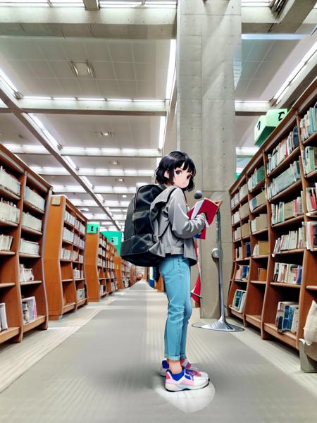 masterpiece, best quality, ultra-detailed, illustration,
NCT2, solo, black hair, book, 1girl, bookshelf, bag, pants, shoes, library, wide shot, standing, ceiling, short hair, ceiling light, black pants, long sleeves, 1boy, backpack, holding, 
 <lora:NishinomiyaChuouTosyokan:1>