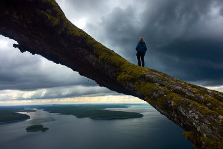 (high-angle:1.5), (close-up:1.5), (over the shoulder:1.5) view (from behind) a ((solo)) 45yo woman wearing survival, hiking through through finland. Open horizon, (cloudy sky), (heavy clouds), (stormy weather), dim light, rays of light visible through the clouds, teal filter, JJ Abrams, cinematic, atmospheric, magical realism, sense of adventure, vibrant colors, amazing level of detail, 8k, UHD, (award winning:1.2), (detailed woman),