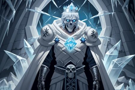 skeleton man,  mage robe, runes, his skull is covered in icicles and frost, wearing a face mask, glowing eye sockets, wearing a frozen blue crown,  greaves, intricate carving, standing, starry sky, fractal ice, inside ice castle, backlighting, realism, masterpiece, soft lighting, intricate detail,