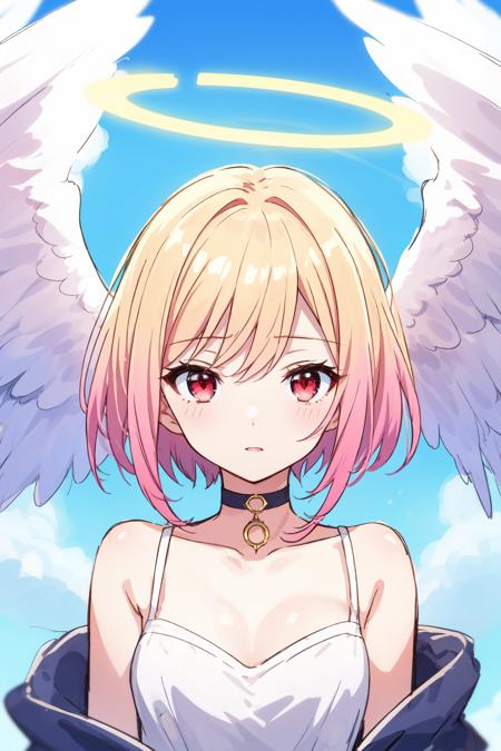 masterpiece, best quality, 1girl, chibi, halo, sketch, halftone,
short hair, blonde hair, pink hair, gradient hair, red eyes, choker, angel wings,
depth of field, blue sky,