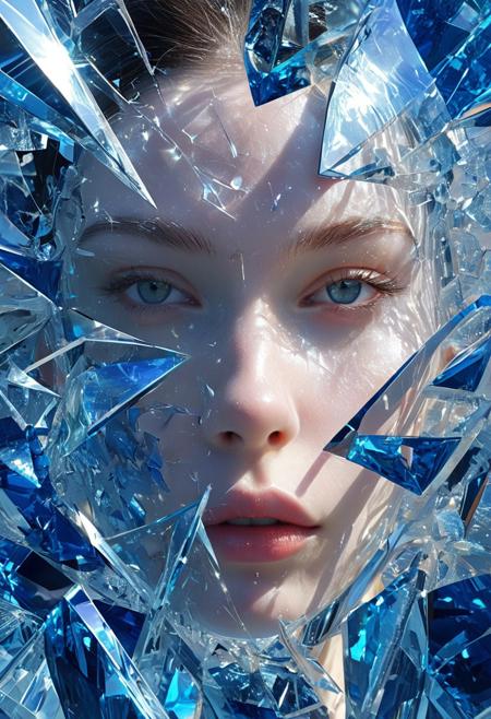 High-resolution digital artwork, visual distortion, surreal fragmentation, human face and upper body, intricate fractured crystalline patterns across skin, deep blue, silver, and translucent hues, refracted light accents, op-art backdrop, seamless fusion of shattered textures and subject, cascading glass-like shards, concentric ripple pattern emanating from a central glowing core, depth and shifting motion, tranquil expression, half-closed eyes, introspective calm, balanced fusion of organic form and abstract environment, precise geometric clarity, fluid refractive surfaces, contemporary minimalist design, mesmerizing aesthetic, abstract cohesion, smooth reflections, stark luminosity, profound visual layers, structured symmetry, seamless flow between form and space, ultra-realistic execution, razor-sharp clarity, dramatic illumination, artistic dreamscape. Niji, aidma-niji