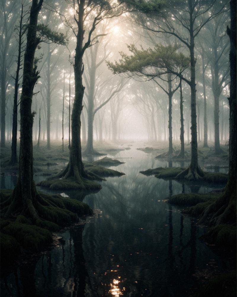 A misty forest with a stream and sunlight coming through the trees.