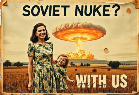 “A decayed, vintage-style poster from 1957, weathered and torn, depicting a surreal American country scene. The faded image shows a woman in a floral-patterned 1950s dress holding her young daughter’s hand, her wide, mad smile radiating an eerie charm. In the far background, a massive nuclear mushroom cloud dominates the sky, with fiery orange fireballs at its base and visible blast waves rippling through the landscape. The poster’s bold text, ‘SOVIET NUKE?’ across the upper section and ‘SMILE WITH US’ in the lower section, is faded, smeared, and inked with scribbles and stains. The paper appears rotten, with tears, creases, and discolored edges, evoking a haunting sense of abandonment and decay, adding to the unsettling atmosphere of the piece.”