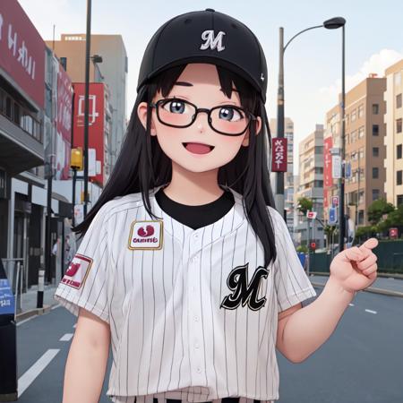 best quality, ultra-detailed, illustration,
chibalotteU, baseball uniform, baseball cap, 
1girl, solo, glasses, black hair, long hair, standing,  outdoors, street, city, cityscape, happy, laughing, smile, upper body, looking at viewer, 
 <lora:Chiba_LOTTE_MARINES_uniform_SD15_V1:0.8>