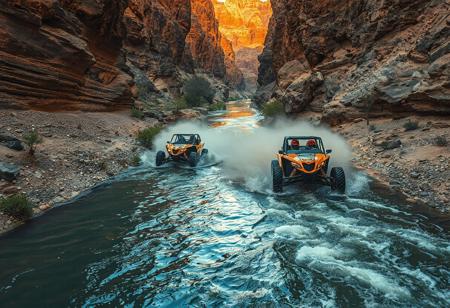 A high quality photo taken on the bottom of a beautiful canyon. a winding river runs in the center and sparse vegetation grow on the cliff wall sides. dust in the air, beautiful, artistic, serene, detailed, slightly cluttered environment. 
Two dune buggies are racing each other in the river, kicking up water and smoke behind them. action. intense.
focus on the first buggy. the drivers are wearing motorbike helmets.
High detail, 4k, super realistic, real photo, golden hour, shot on Canon, camera, orange dreamy lighting, vibrant colors, zoomed out, god rays