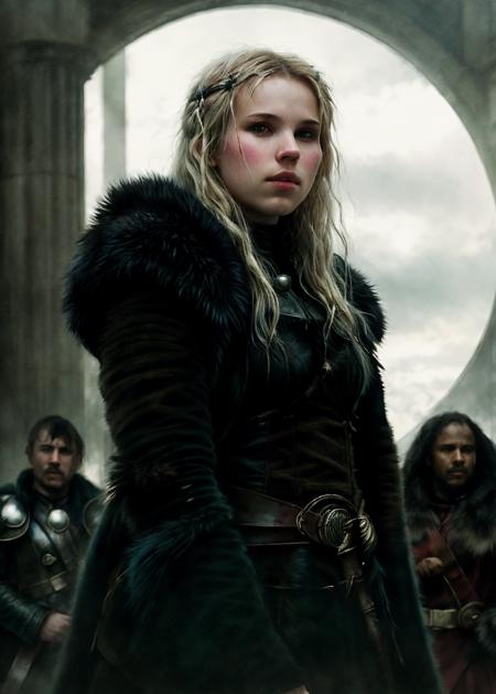 TheaSof1eLochNaess as viking, fur coat, wearing blood stained tunic, eye shadow, <lora:lovecraftstyle-000007:0.7>, by Artgerm and Greg Rutkowski