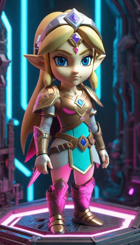 Tiny cute isometric Princess Zelda, reimagined in a cyberpunk universe, cyberpunk style, augmentation, cybernetics, cinematic scene, hero view, action pose, beautiful 8k, masterpiece, best quality, high quality, absurdres in a cutaway box, soft smooth lighting, soft colors, 100mm lens, 3d blender render,