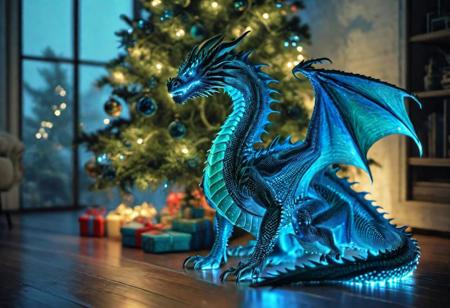 bioluminescent blue dragon siting under a Christmas tree, green glowing dragon, (living room), highly detailed clean, beautiful detailed intricate, 8K, dark room