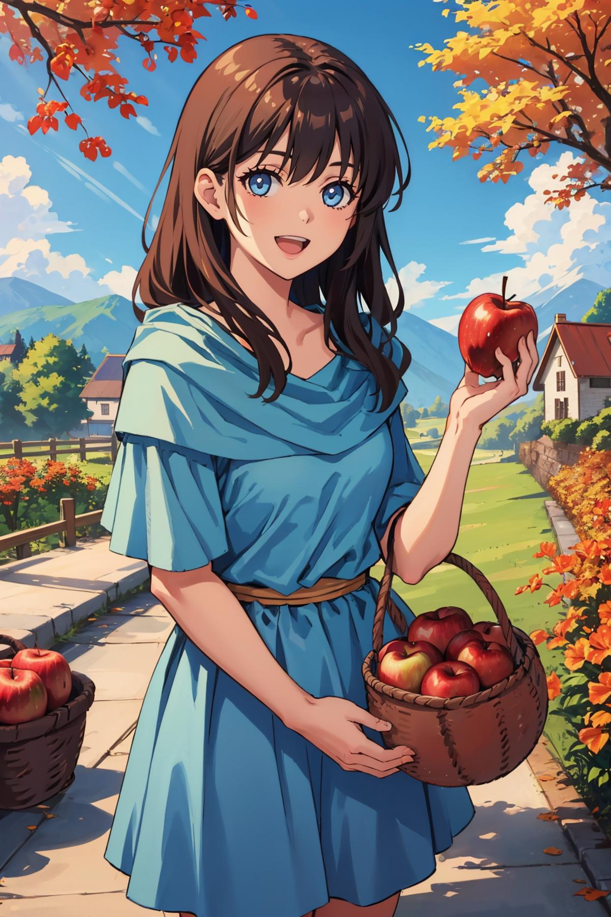 Anime girl holding a basket of apples in a field.