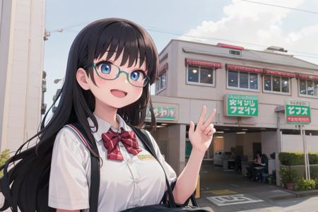 best quality, ultra-detailed, illustration,
1girl, glasses, black hair, long hair, school uniform, school bag, smile, laughing, solo focus,
saizeriya, storefront, scenery, outdoors, sign, building, window
 <lora:saizeriya_ex_SD15_V1:1>