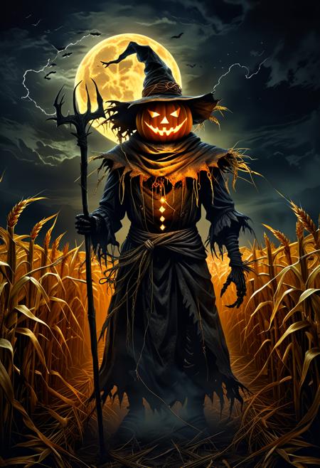 Dark Fantasy Art, Dark Moody Atmosphere, A menacing pumpkin-headed scarecrow looms in a moonlit cornfield, wielding a rusted pitchfork. Eerie orange light flickers within its carved grimace. Tattered robes billow in the autumn wind. Mystical runes glow on its straw-stuffed body, evoking ancient harvest rituals., dramatic, mysterious, dark moody atmosphere, dark, moody, dark fantasy style
