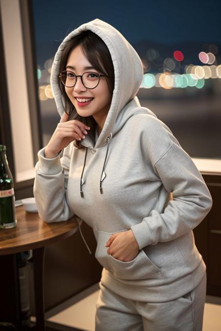 (8k, RAW photo, best quality, masterpiece:1.2), (realistic, photo-realistic:1.37), best quality, ultra high res, photon mapping, radiosity, physically-based rendering, 1girl, ((glasses)), ((hoodie)), ((sweatpants)), naughty face, cute, (laughing), (happy), (Kpop idol), (aegyo sal:1), ((puffy eyes)), looking at viewer, posing, (full body), large breasts, busty, large butt, cityscape, night, (bokeh:1.4), <lora:koreanDollLikeness_v10:0.5>, ((wink)), ((hair blown by air)),