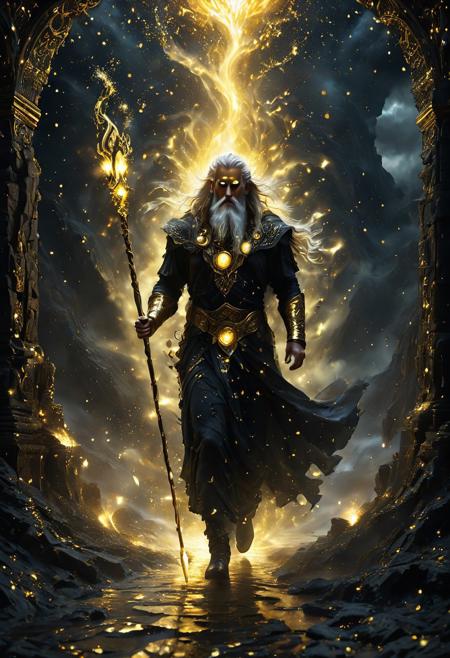 Masterpiece, absurdres, 8K UHD, hyperrealistic, ultra-detailed, cinematic drama, intricate textures, extreme close-up, commanding presence, mythic grandeur, sharp focus, dramatic contrast, ethereal glow. 1male, 
Odin strides across the celestial bridge, an ethereal pathway woven from divine roots and lightning. imposing figure, majestic stance, right eye patch carved with magic runes. Beneath him, the abyss swirls with a golden milky way, its stardust pulsing like the breath of the cosmos. His armor, adorned with intricate gold patterns, radiates power—each rune shimmering like molten energy, tracing ancient prophecies upon his battle-worn frame. Liquid gold explosions ripple along his plated gauntlets, their glow piercing through the black background of the void. Golden smoke magic coils around his spear, swirling in luminous fog as the bridge hums with forgotten voices. Every step sends echoes through existence, his presence bending reality itself. He walks the threshold between realms, draped in myth, wrapped in golden and black spirit—a force beyond mortal comprehension,
Photorealistic, cinematic lighting, volumetric mist, hyper-detailed environment, Nordic ruins crumbling into celestial dust. 
cinematic textures, immersive depth, bold composition, striking realism, controlled chaos, divine terror
