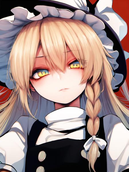 focus on face, best quality, masterpiece, 1girl, Kirisame Marisa red background, <lora:Fua Yuu Style:1.0>, fua yuu style, beautiful eyes, highly detailed eyes, extremely detailed eyes