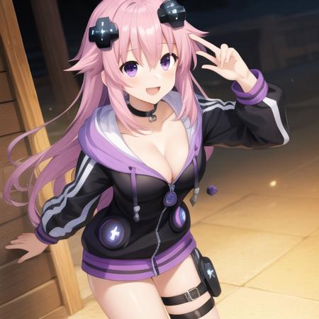 (masterpiece, best quality:1.2),illustration,8k,hd,1girl,solo,adult neptune,very long hair,hair ornament,d-pad,purple eyes,d-pad hair ornament,purple hair,jacket,hood,smile,breasts,collarbone,choker,hooded jacket,cleavage,thigh strap,medium breasts,puffy long sleeves,sidelocks,hair between eyes,hooded track jacket,blush,boots,<lora:Adult Neptune>,