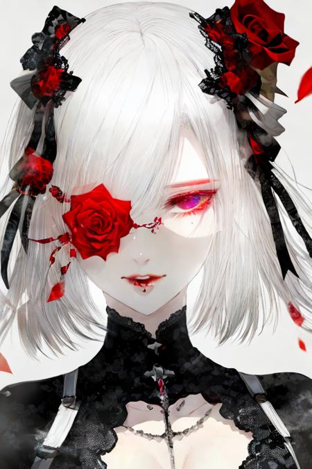 1girl,white hair,red_eyes,gothic,rose,white background,(monochrome:0.8)  <lora:Kei_Satsuki_v2-000011:1>