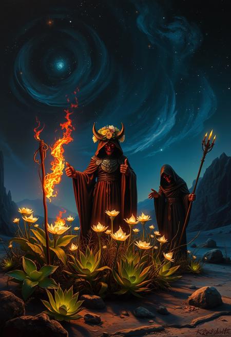 style of Ted Nasmith,
Oil painting, by Jean-Franois Millet, by Gustave Courbet, by Jules Breton, traditional media, oil painting, famous artwork by (karl kopinski:1.2), fantasy style,thumbs,(ghost),
On a desolate alien planet, a techno cultist clad in dark, crown of flowers, (fire staff on hand), shimmering robes tend to a garden of bioluminescent plants, their demonic features illuminated by the eerie glow, the night sky filled with swirling nebulae,
realistic,
dark fantasy, masterpiece, highly detailed, ever quest, old school rpg,
, masterpiece,,