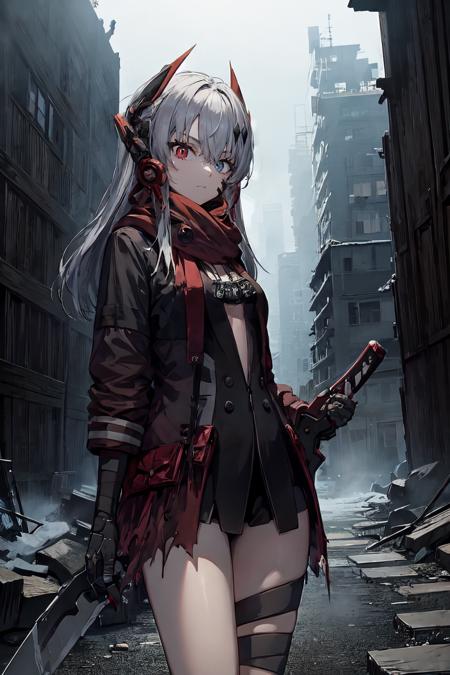 white hair, long hair, headgear, hair ornament, facial mark, heterochromia, red eyes, grey eyes, red scarf, mechanical arms, red jacket, center opening, black dress, dog tags, (red pouch:1.3), open jacket, torn clothes, tail coat
BREAK (bandaged leg:1.2)
BREAK (mature female:1.2)
BREAK katana, weapon on back, sheathed
BREAK cowboy shot, dutch angle
BREAK ruined city, ashes, ruined buildings, ruins, post-apocalypse, light trails, holding sword, wide stance, volumetric light, snow, snowing
 <lora:alpha-21:1>