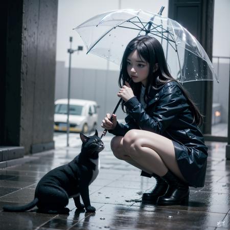 cute girl and cat. cute clothes, skirt, squatting, torrential rain, umbrella