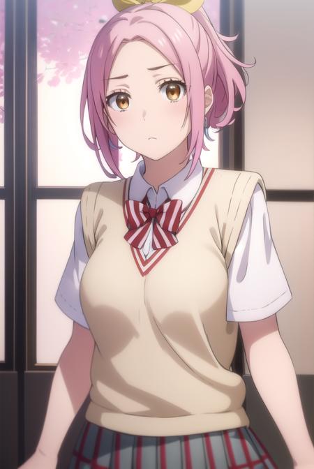 mariasarushima, <lora:maria sarushima s1-lora-nochekaiser:1>,
maria sarushima, short hair, (brown eyes:1.3), pink hair, ponytail, ribbon, hair ribbon,
BREAK skirt, shirt, bow, school uniform, white shirt, short sleeves, pleated skirt, striped, bowtie, red bow, grey skirt, sweater vest, striped bow, striped bowtie,
BREAK indoors, classroom,
BREAK looking at viewer,
BREAK <lyco:GoodHands-beta2:1>, (masterpiece:1.2), best quality, high resolution, unity 8k wallpaper, (illustration:0.8), (beautiful detailed eyes:1.6), extremely detailed face, perfect lighting, extremely detailed CG, (perfect hands, perfect anatomy),