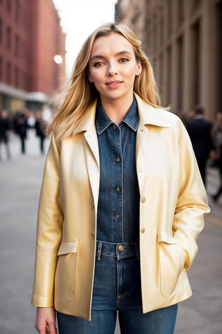 jodcor, woman, blonde hair, long hair, make-up, formal, cinematic, realistic, jacket, jeans,
 <lora:JodieComer-jodcor_SD_v1b:0.8>