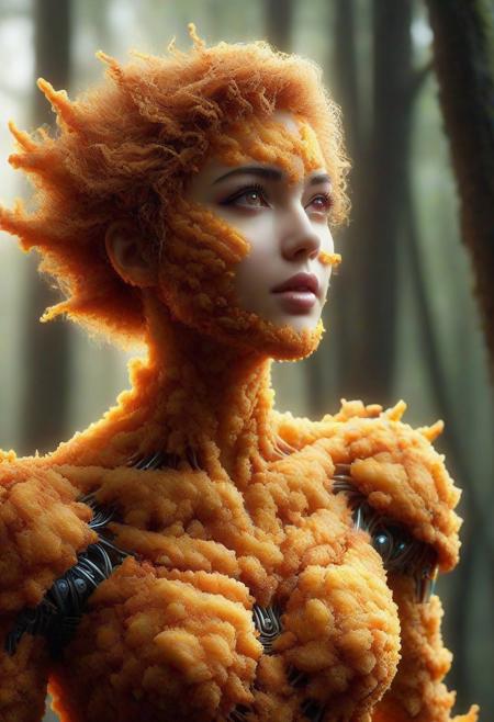 Ultrarealistic. sharp focus, dynamic lighting. play of light, Raytracing, Ultra detailed. (((DFC Style))). A gorgeous and beautiful female robot made of deep fried & crispy breading in a mystical forest.