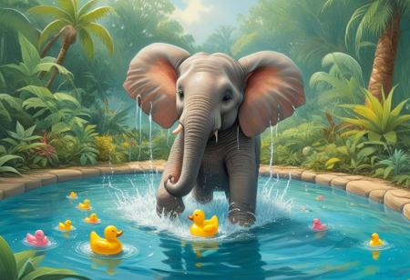 (illustrated in the charming styles of Mercer Mayer, Stephen Kellogg, and E. H. Shepard). A playful baby elephant joyfully splashing in a vibrant tropical pool, surrounded by giant oversized colorful rubber ducks floating on the water.  capturing a whimsical and enchanting atmosphere