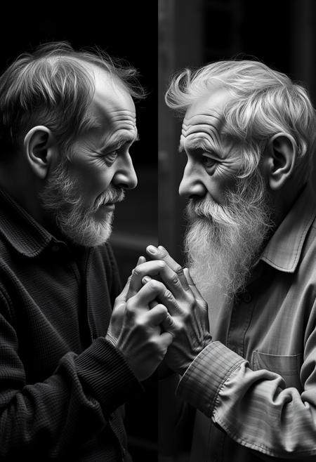 old man meeting his own younger self, the image is separated in two halves. one side is black and white with the younger adult version. one side is in hd color with the very old man. both versions looking at one another, hands touching in the middle