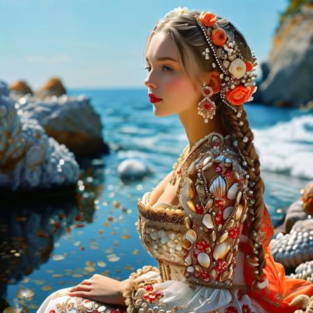 Woman in a dress composed entirely of shells sitting in a shell, James Christensen-inspired portrait, cg society trends, nautical rococo, real pearls, snow-white skin with a noticeable blush, elegant fantasy-style braids, authentic nautical costume, Lutz, coral headdress, shell flowers, Alice in Wonderland style, queen of the sea on the background of Carlsbad cliffs, captivating and alluring, anime princess