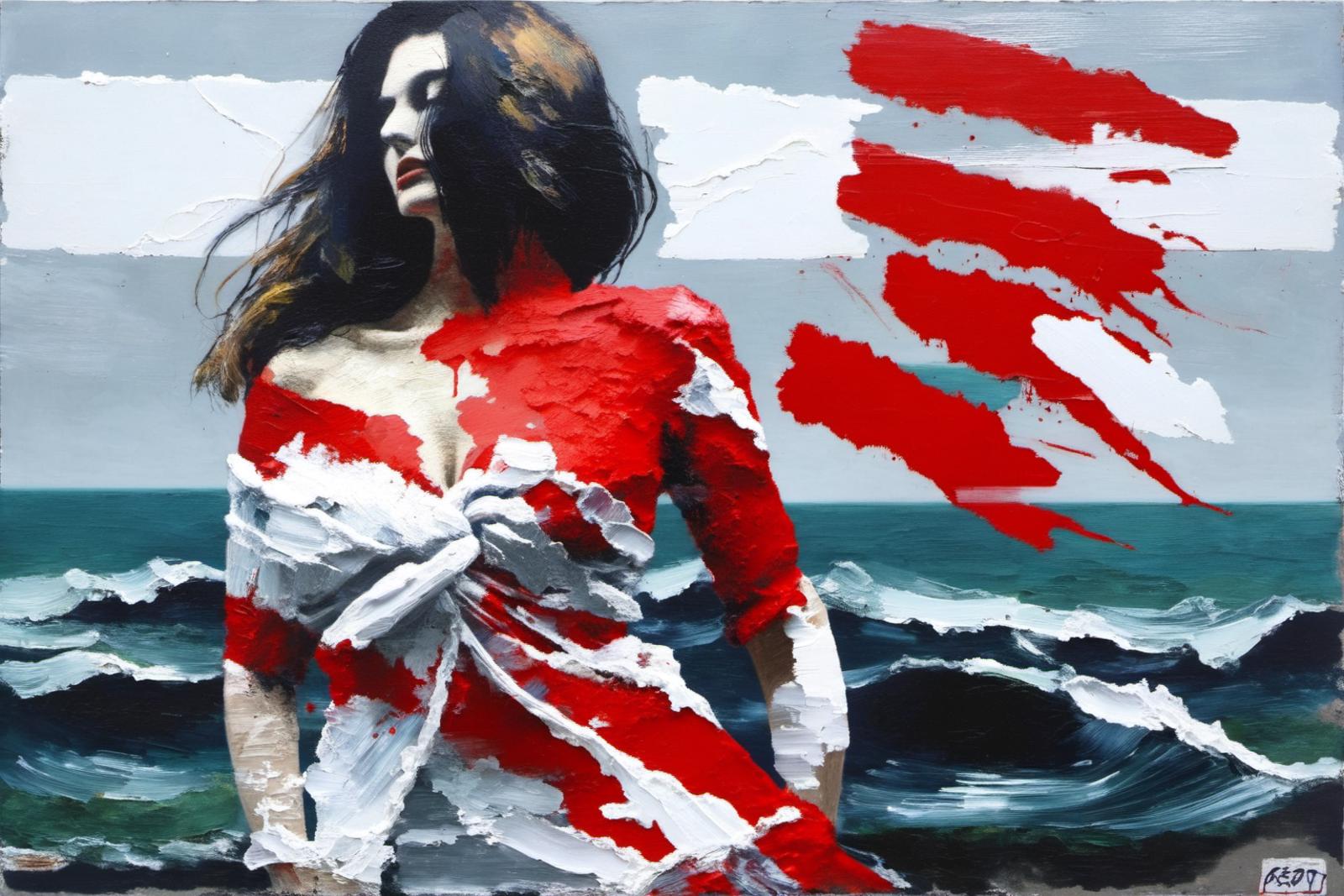 A woman wearing a red dress with white accents stands in front of a painting of an ocean.