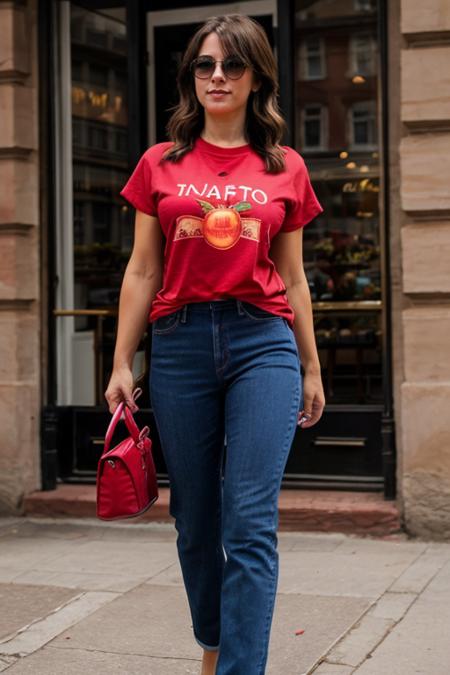 wearing a  tomato tshirt, jeans,  birthday party <lora:Belinda_Stewart-Wilson:1> 1girl, solo, a mature bs1873w,